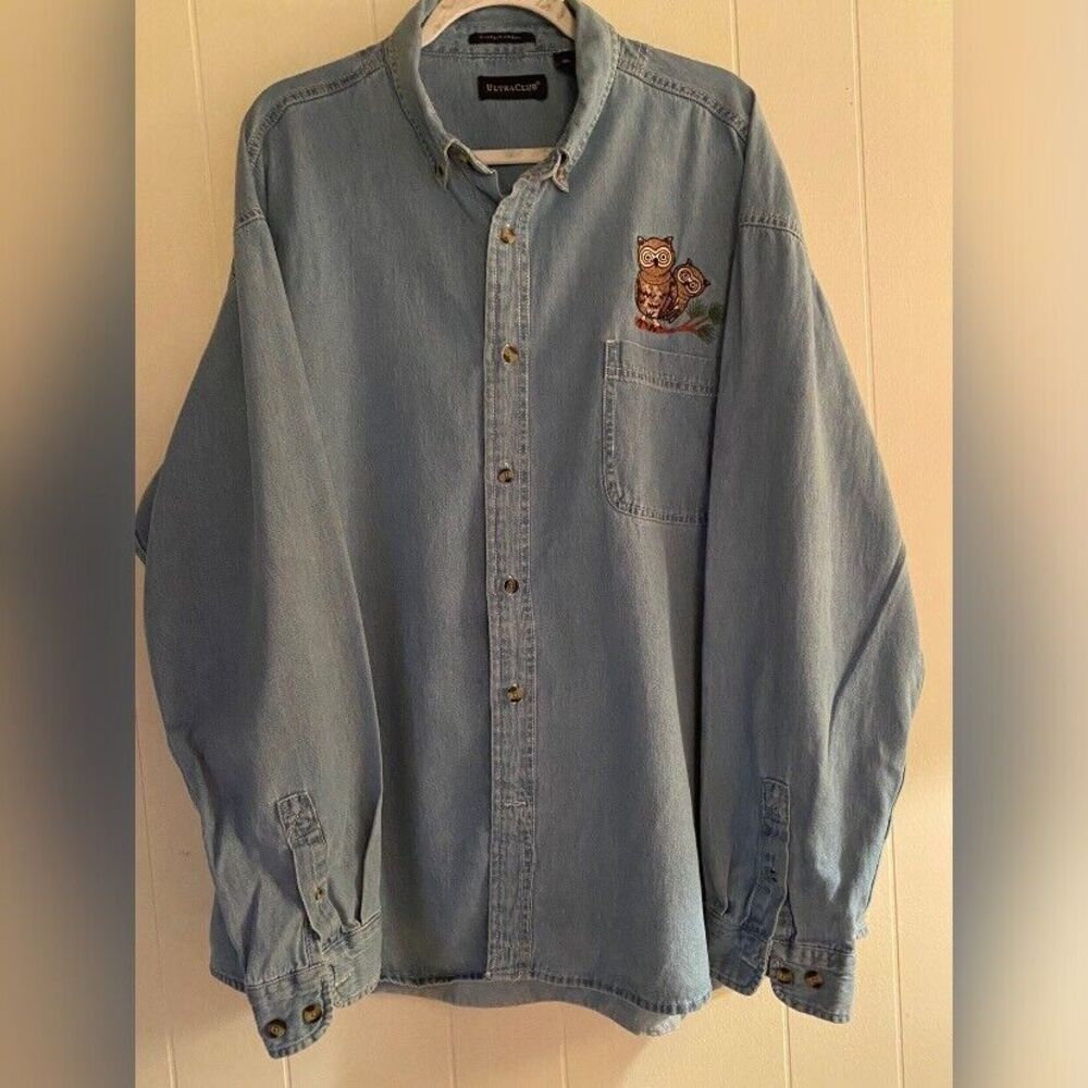Ultra Club Shirt Women’s 2X Blue Denim Embroidered Owls Button Up Grandmacore